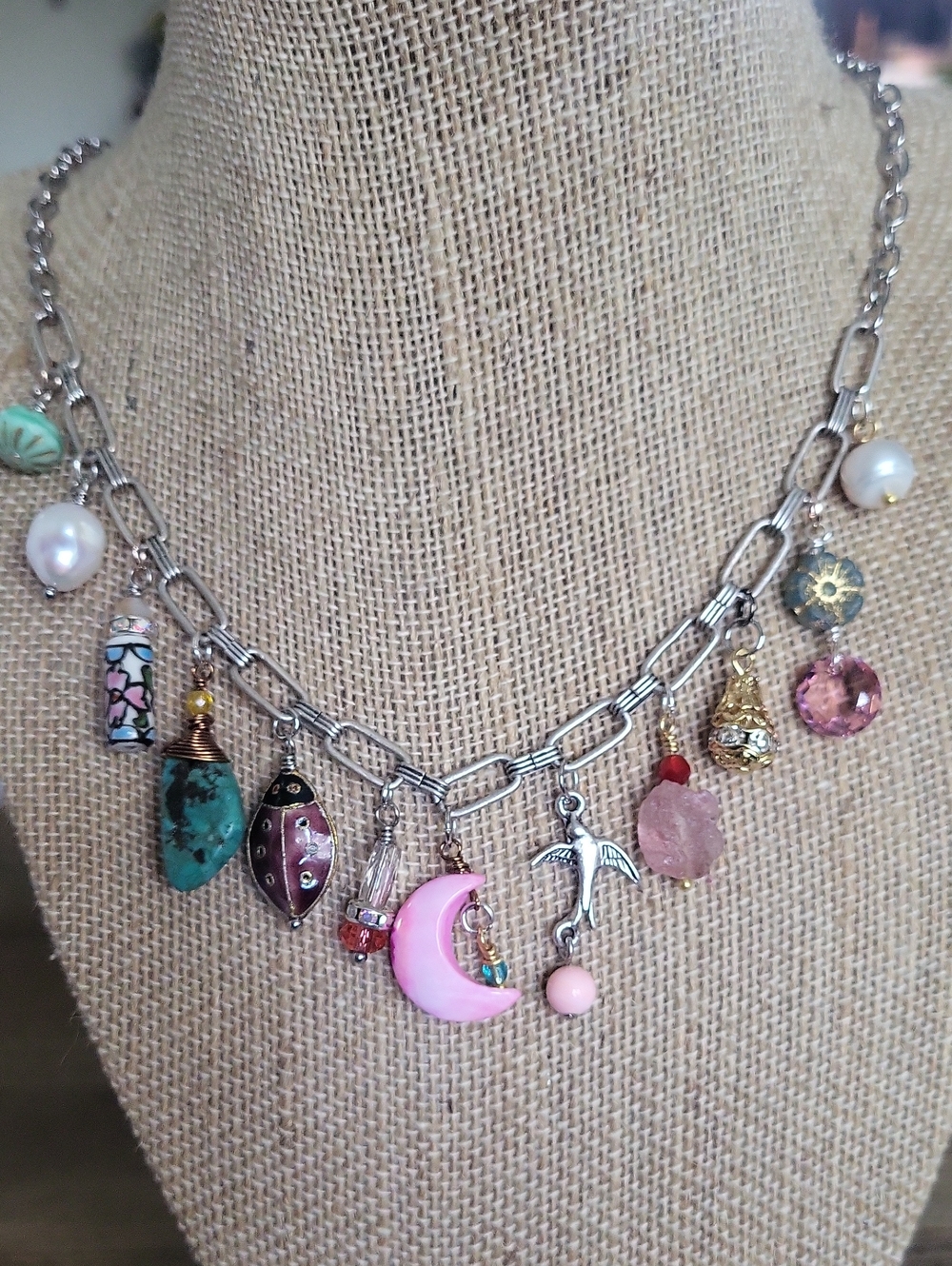 Handmade Silver And Mixed Metal Charm Necklace with Gems, Swarovski, Cloisonne